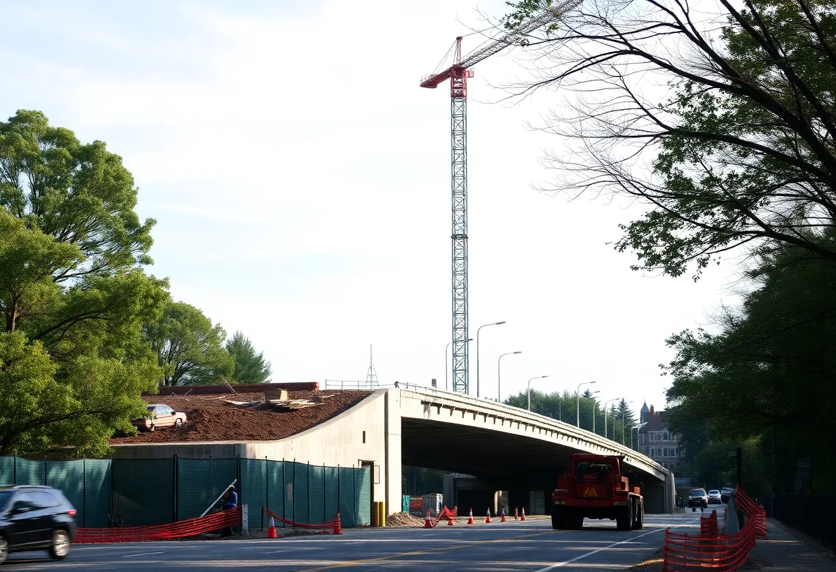 Construction workers at the bridge replacement site in Greenville.