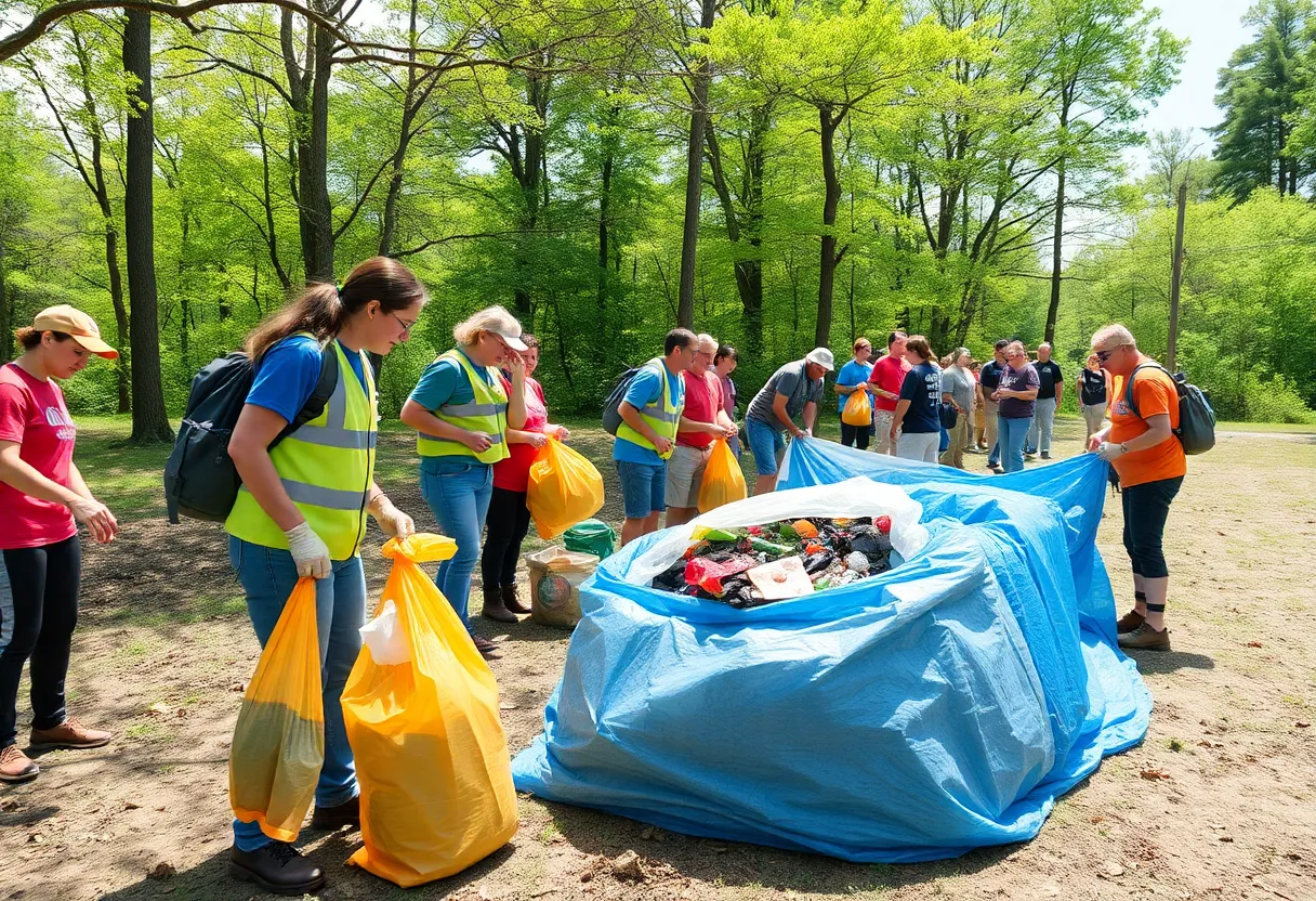 Volunteers participating in a litter cleanup event in Greenwood County, using tarps to secure loads.