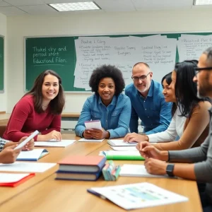 School board members discussing leadership and budget planning