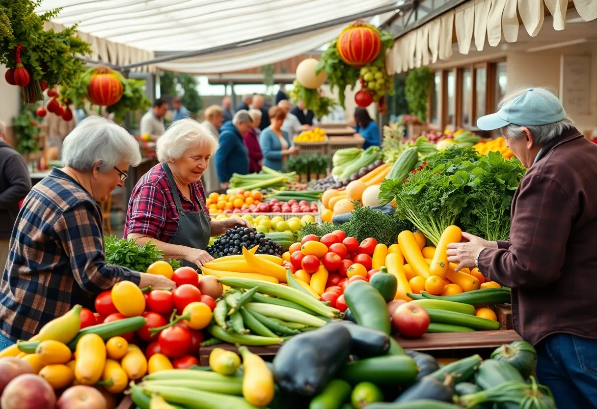 Seniors choosing fresh produce at Greenwood Farmers Market.