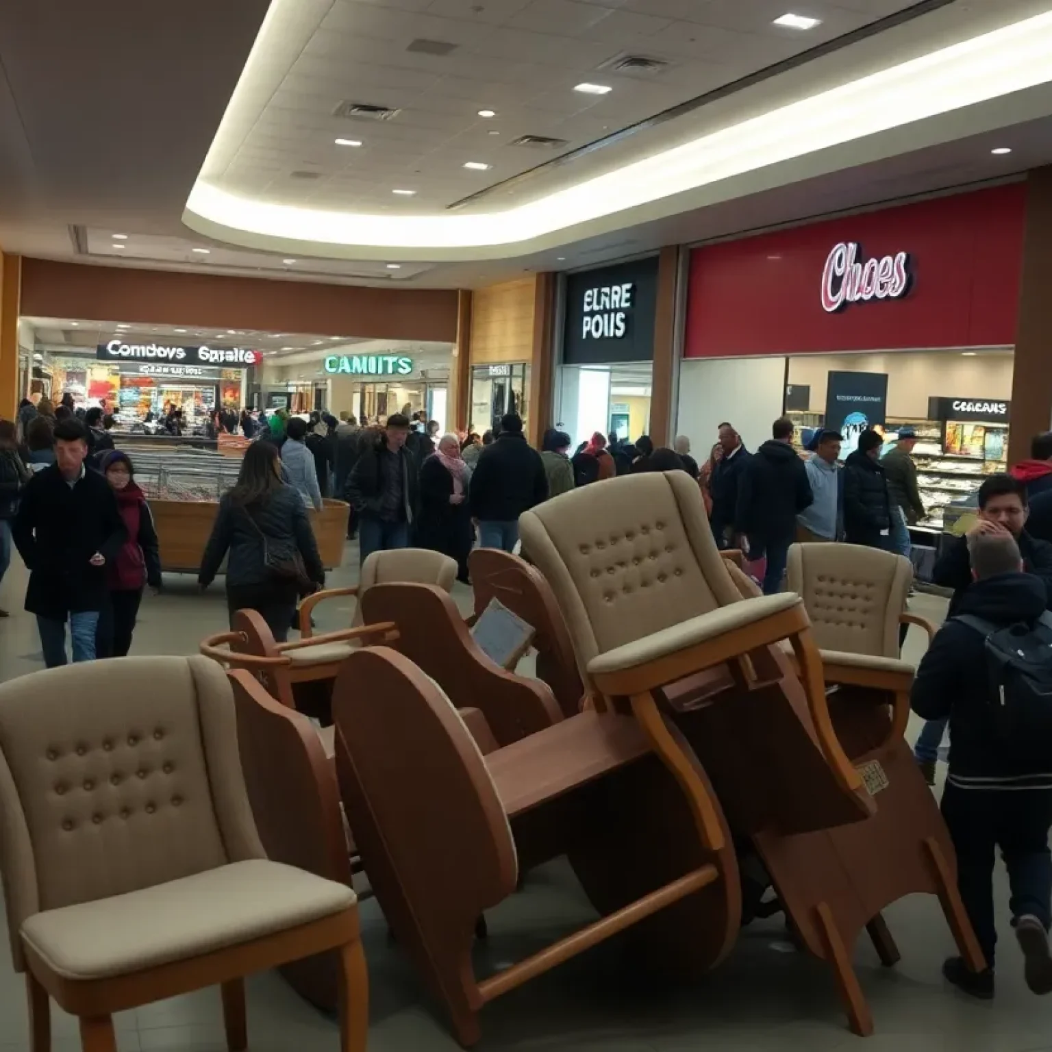 Crowd of shoppers in a mall during a lockdown with scattered chairs