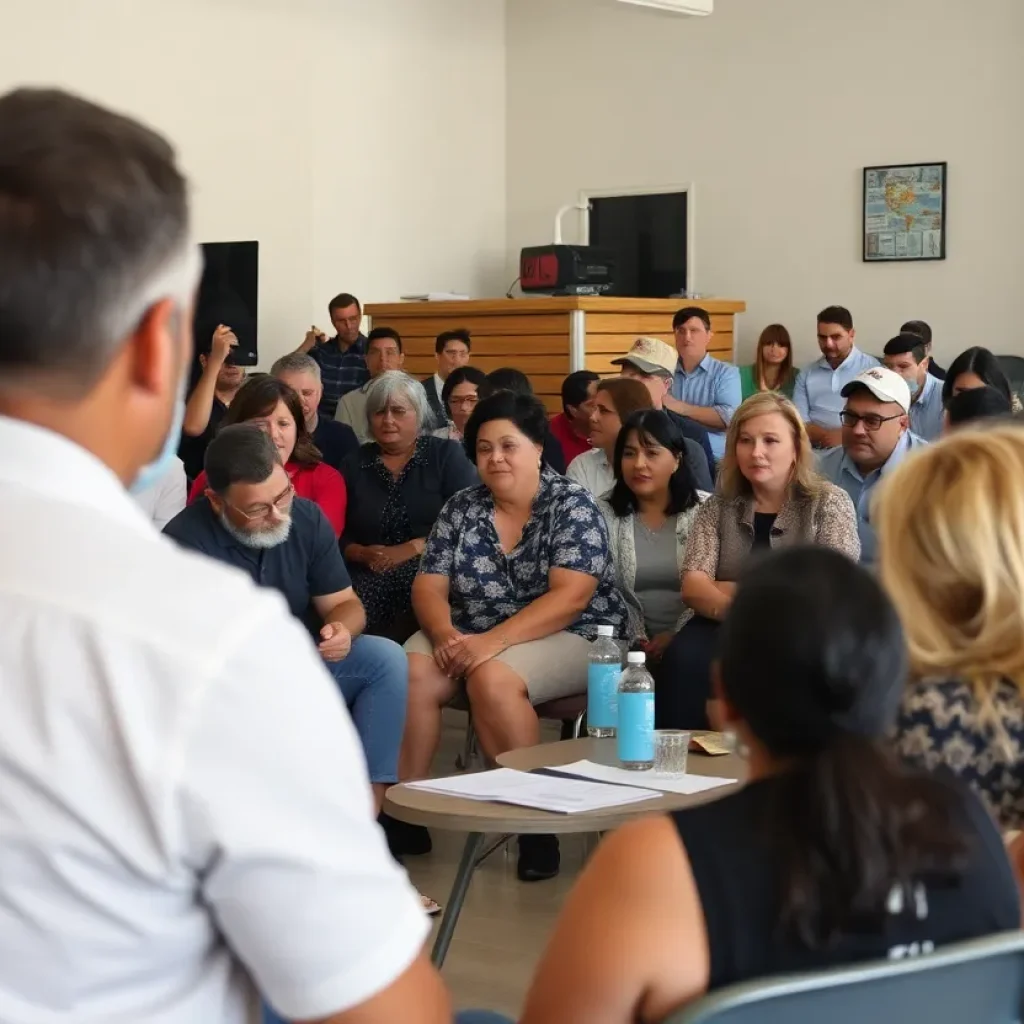 Community members discussing disaster recovery plans at a public meeting.