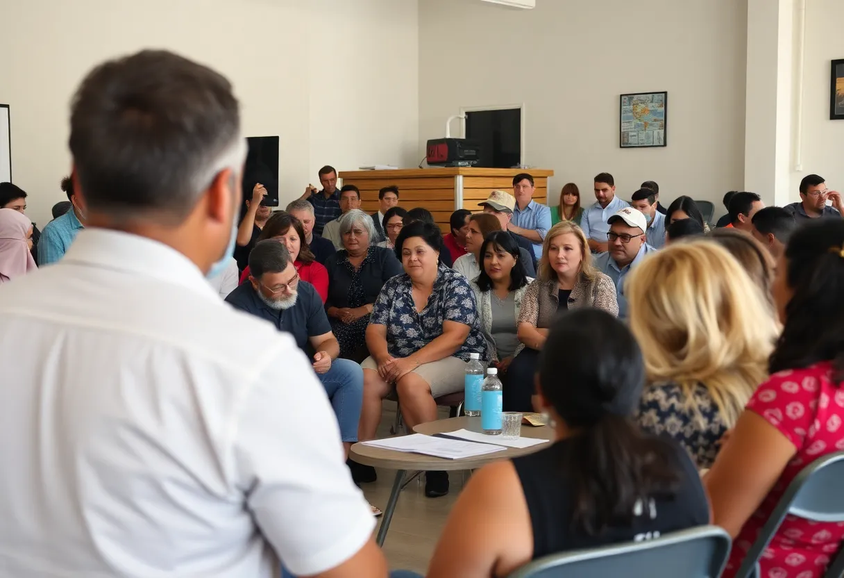 Community members discussing disaster recovery plans at a public meeting.