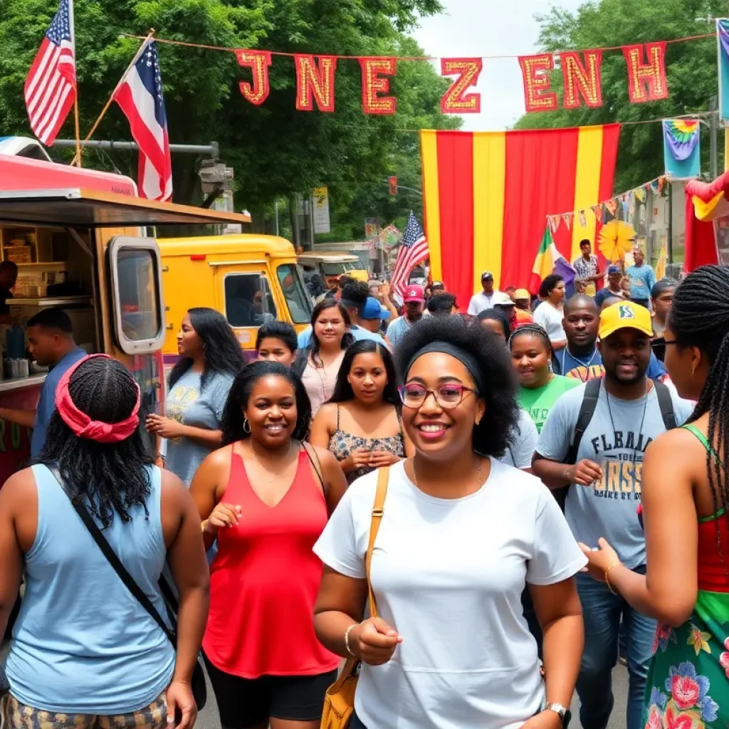 Festival attendees celebrating Juneteenth with food and music in Greenwood