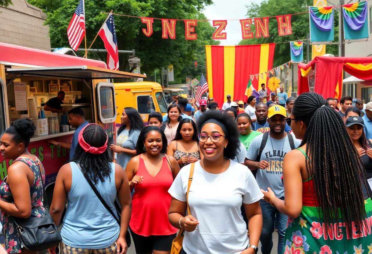 Festival attendees celebrating Juneteenth with food and music in Greenwood
