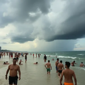 Crowded Lake Murray Beach with swimmers and dark storm clouds overhead