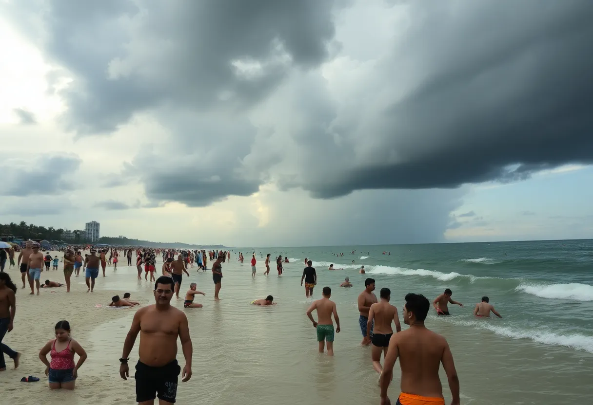 Crowded Lake Murray Beach with swimmers and dark storm clouds overhead
