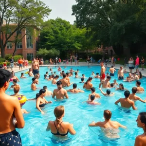 Students enjoying a pool party at Lander University during orientation