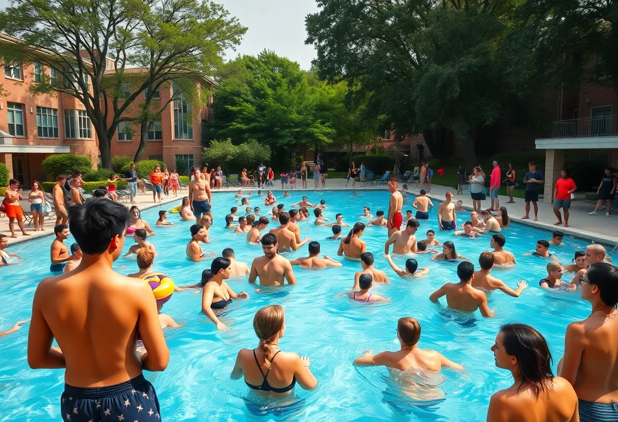 Students enjoying a pool party at Lander University during orientation
