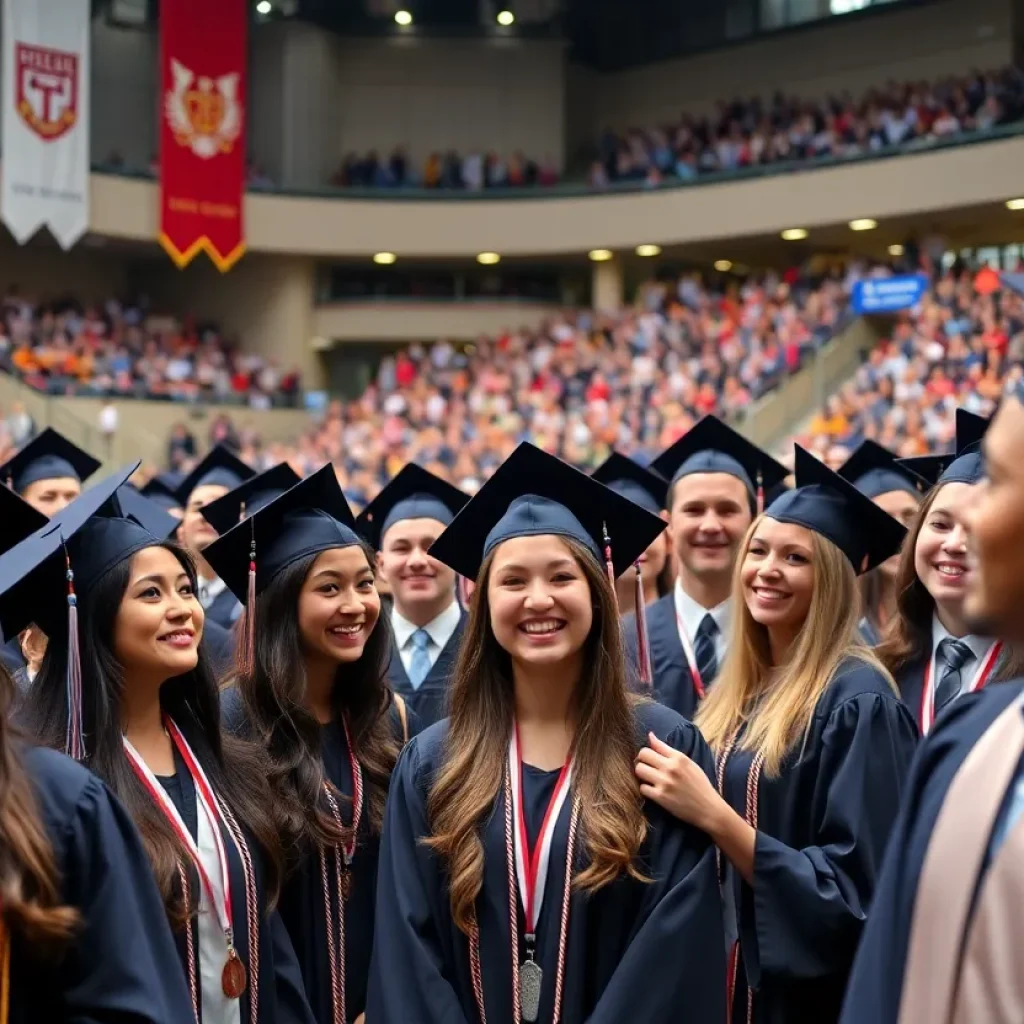 Graduation ceremony at Lander University with students in caps and gowns