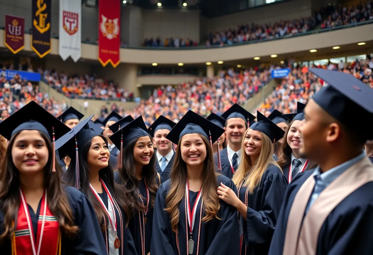Graduation ceremony at Lander University with students in caps and gowns