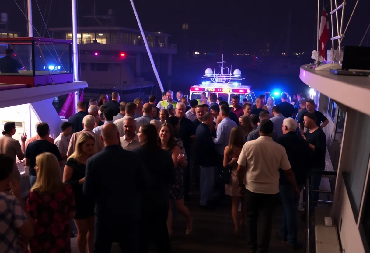 Emergency responders at a boat dock party scene after the shooting incident