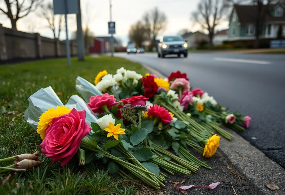 Flowers and candles at a roadside memorial for a murder victim