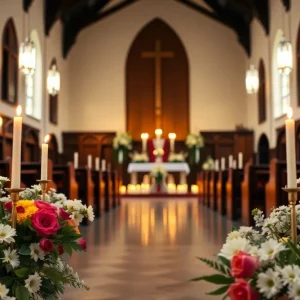 Church interior with candles and flowers for a memorial service