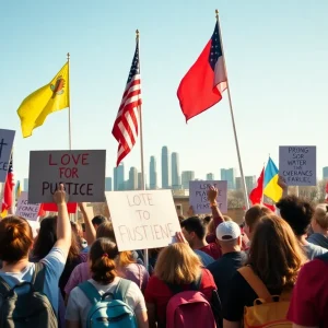 Scene of peaceful nationwide protests with signs and flags