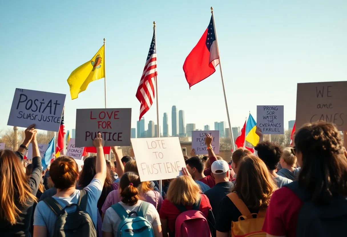 Scene of peaceful nationwide protests with signs and flags