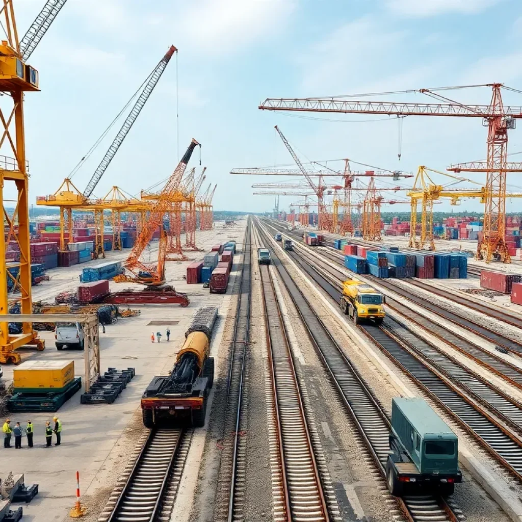 Construction activity at the Navy Base Intermodal Facility, including cranes and railway tracks.