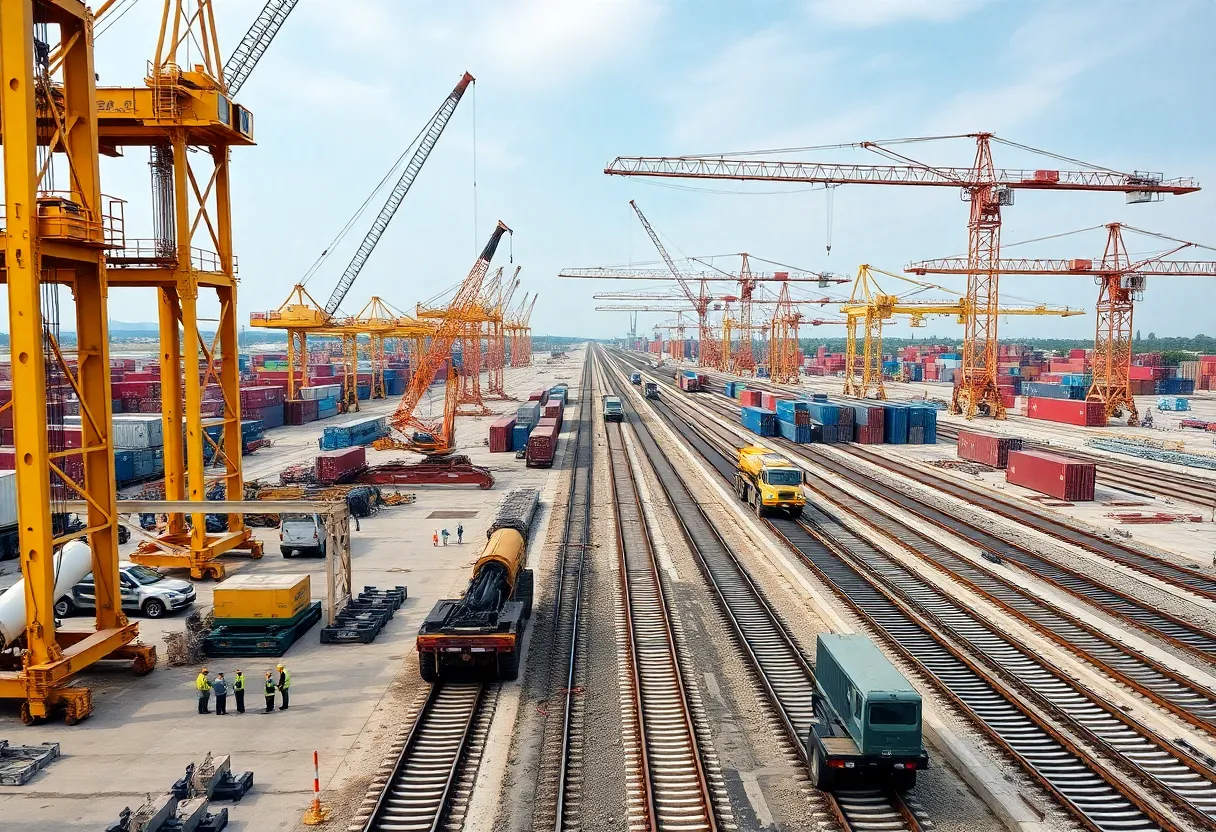 Construction activity at the Navy Base Intermodal Facility, including cranes and railway tracks.