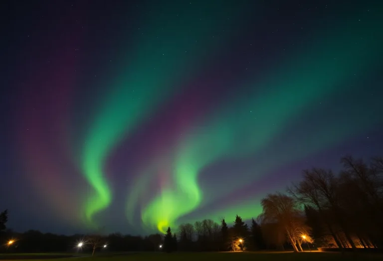 Vibrant Northern Lights illuminating the night sky in a clear park setting.