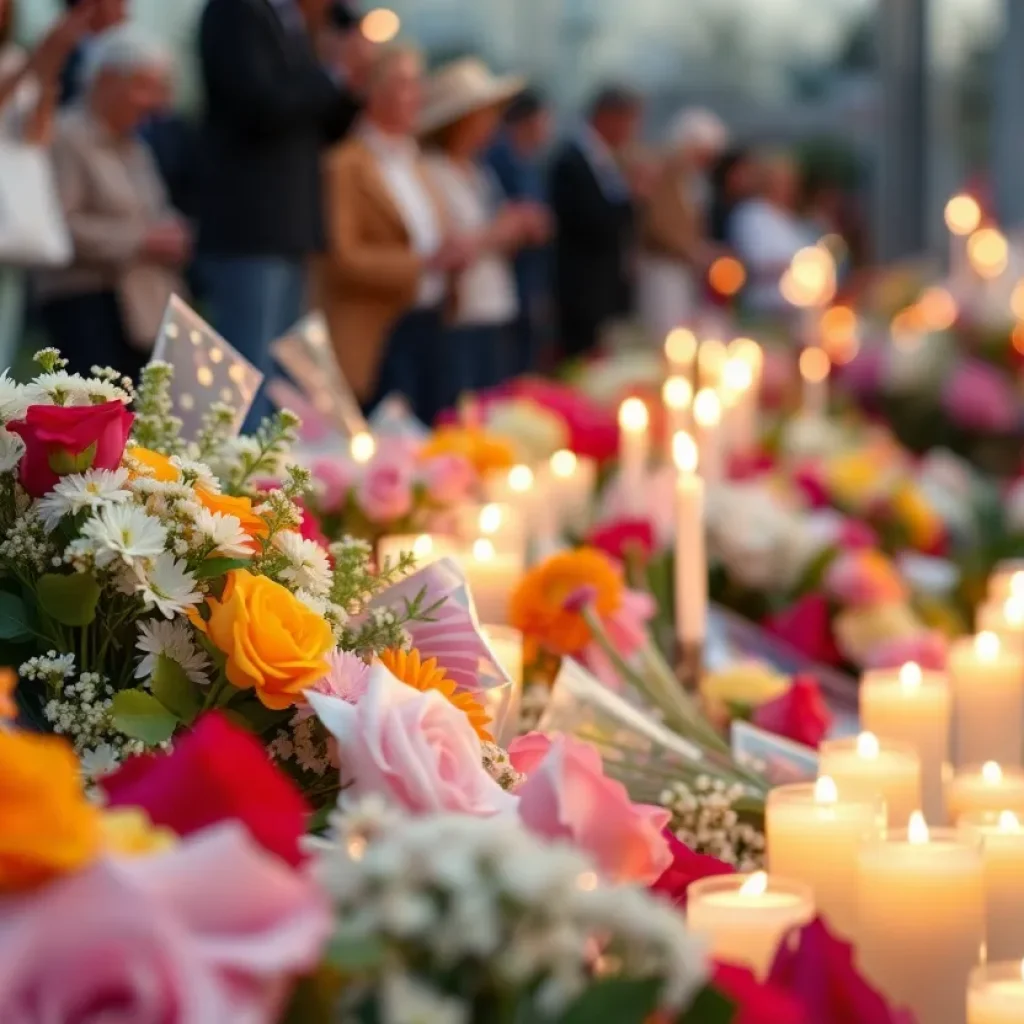 Tribute memorial scene for Pearl Hilley with flowers and candles.