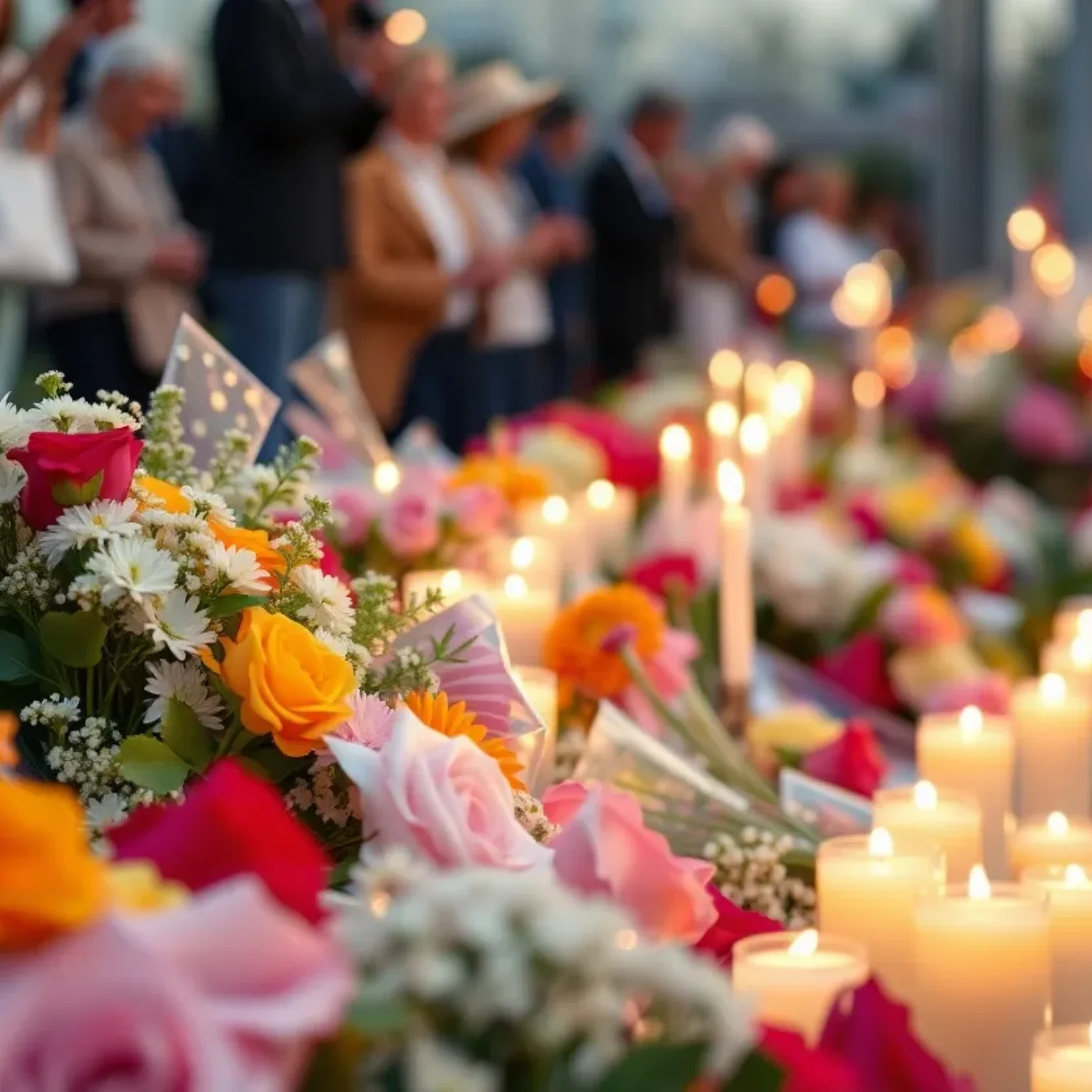 Tribute memorial scene for Pearl Hilley with flowers and candles.