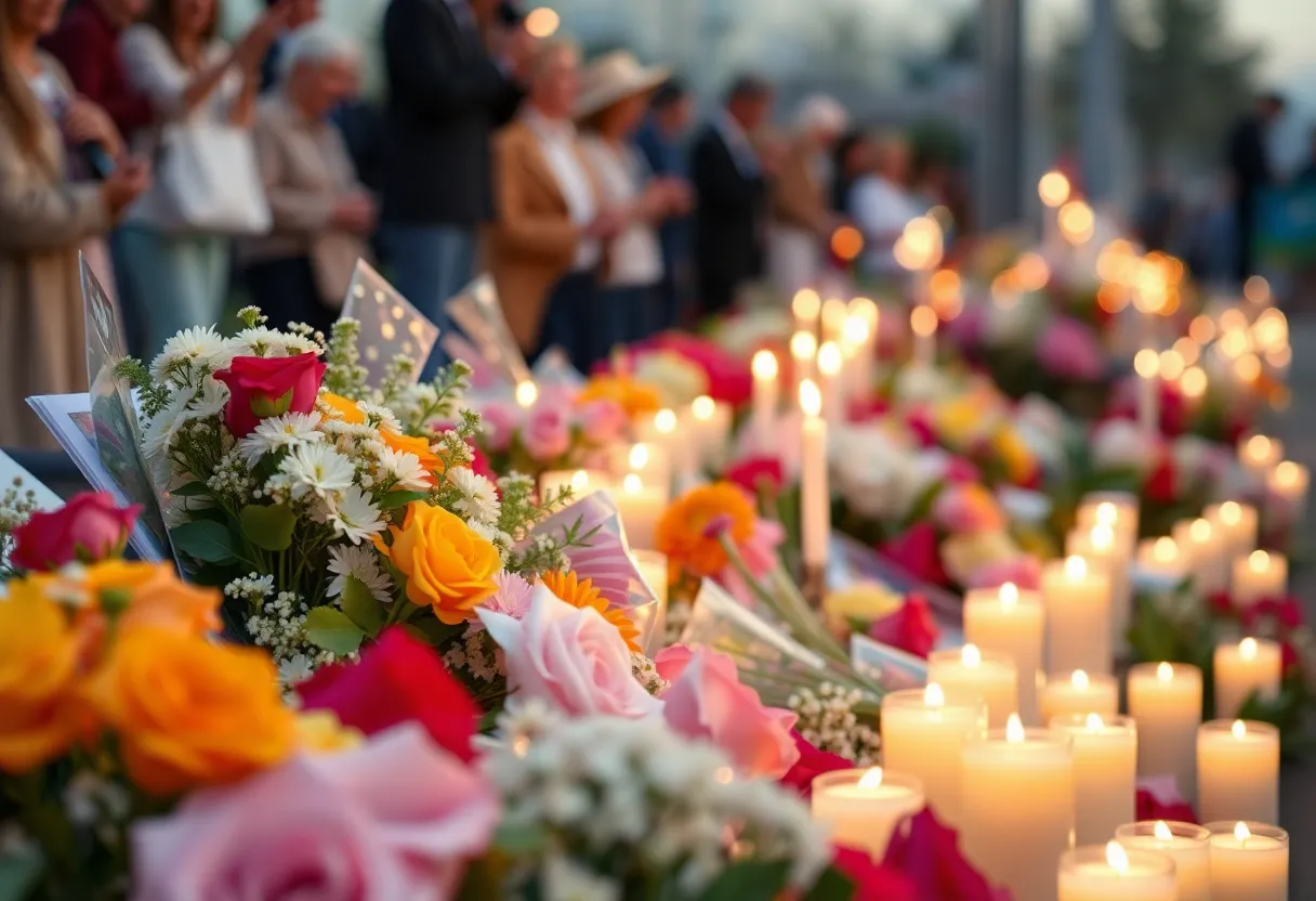 Tribute memorial scene for Pearl Hilley with flowers and candles.