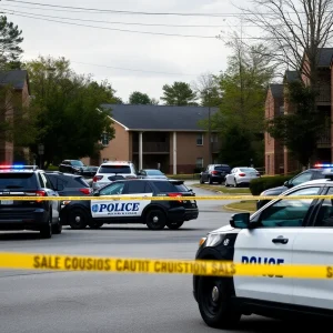 Police cars and caution tape at the scene of a shooting in Greenwood, SC