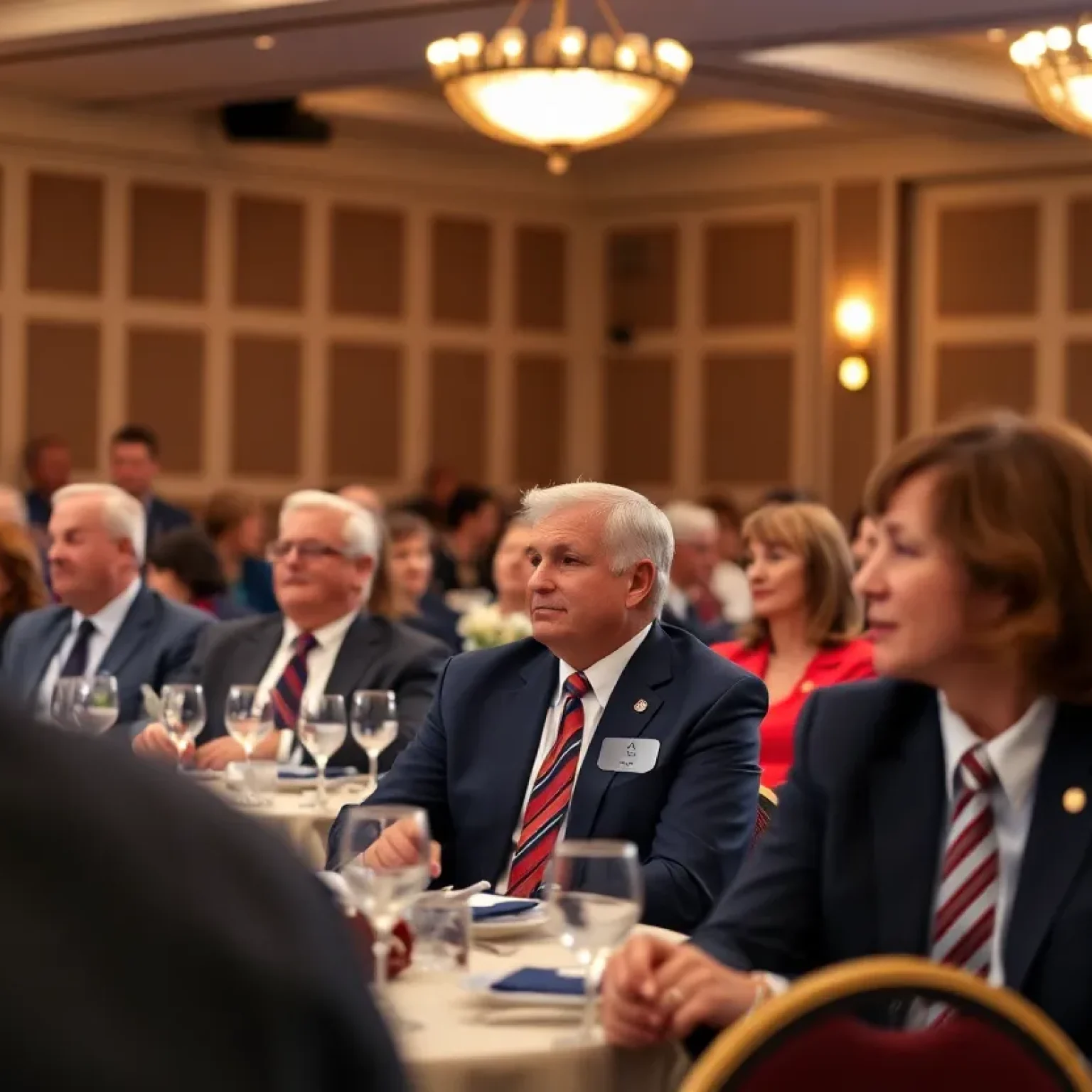 Dinner event showcasing political figures and discussion of party affiliation changes