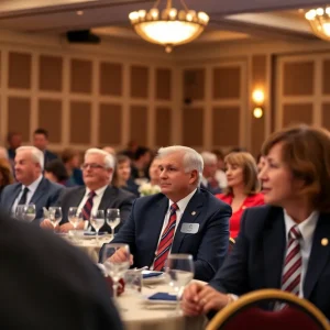 Dinner event showcasing political figures and discussion of party affiliation changes