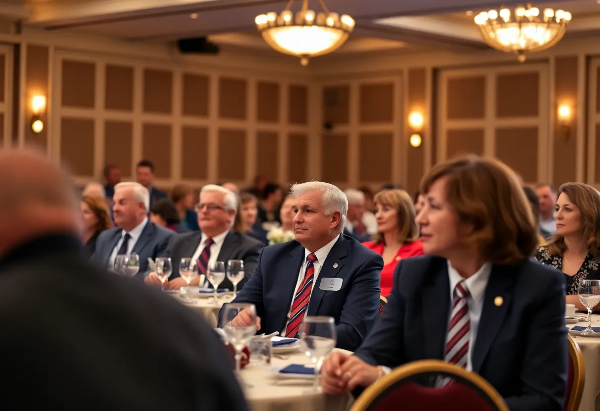 Dinner event showcasing political figures and discussion of party affiliation changes
