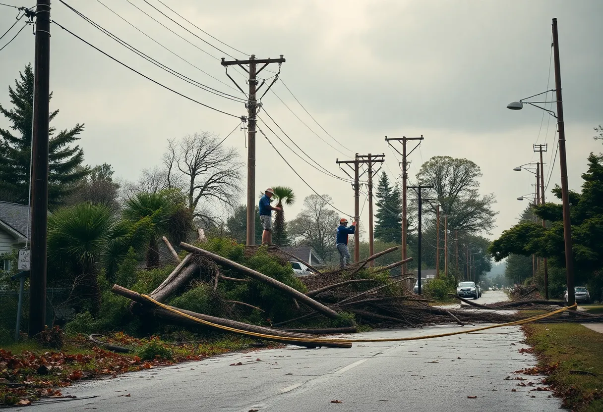 Electric utility workers restoring power after storms in South Carolina