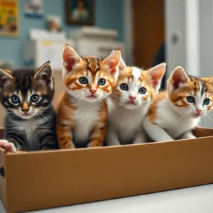 Four rescued kittens in a box at Lander University office