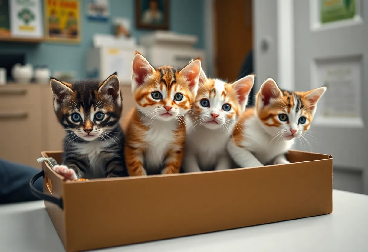 Four rescued kittens in a box at Lander University office
