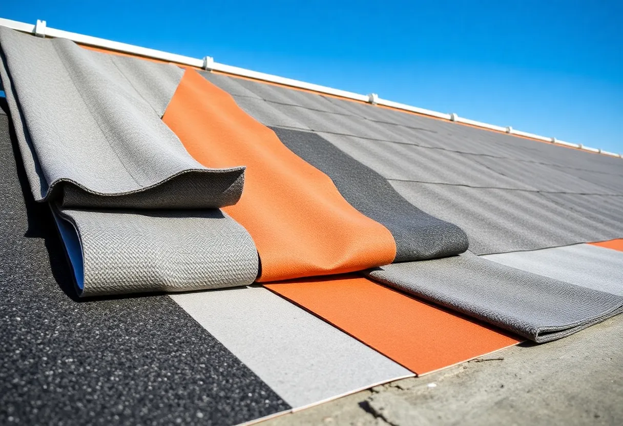 Various roofing underlayment types including felt, synthetic, and rubberized asphalt on display.