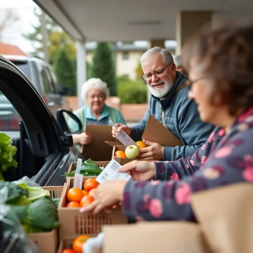 Seniors at a drive-thru event receiving produce vouchers in Greenwood County.