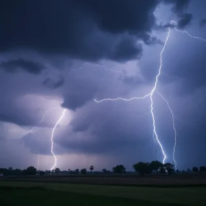 Severe thunderstorm with lightning and rain over rural counties