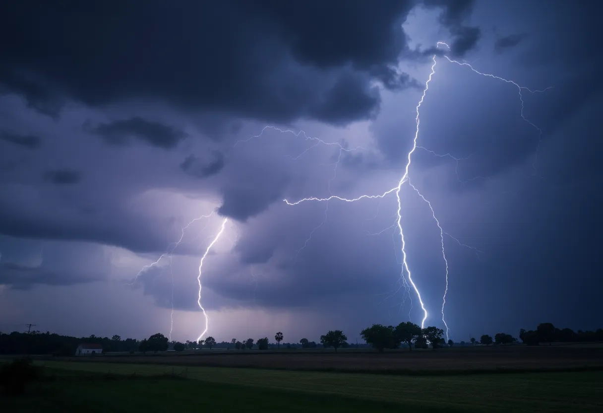 Severe thunderstorm with lightning and rain over rural counties