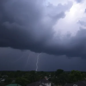 An approaching severe thunderstorm over a town