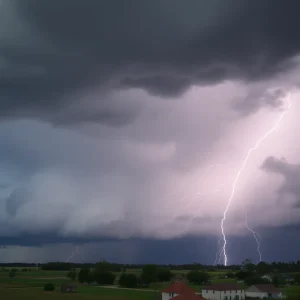 Dark storm clouds over a rural landscape with visible lightning.