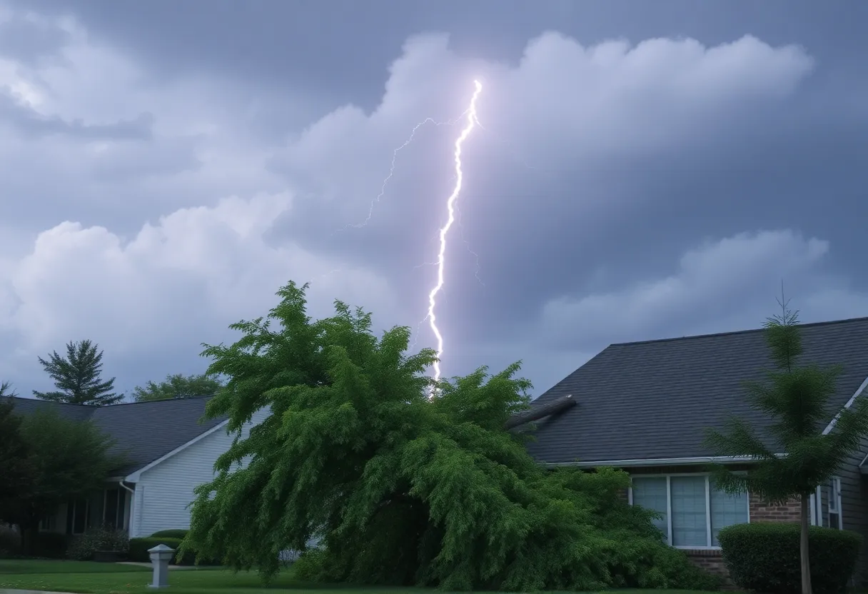 A falling tree during a severe thunderstorm in a neighborhood