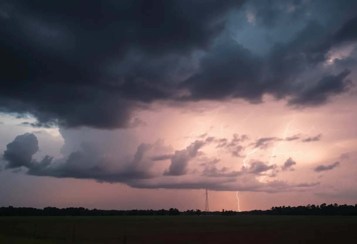Severe thunderstorm clouds gathering over South Carolina landscape.