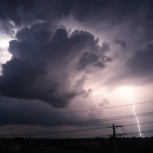 Dark storm clouds and lightning over Indianapolis during severe thunderstorms