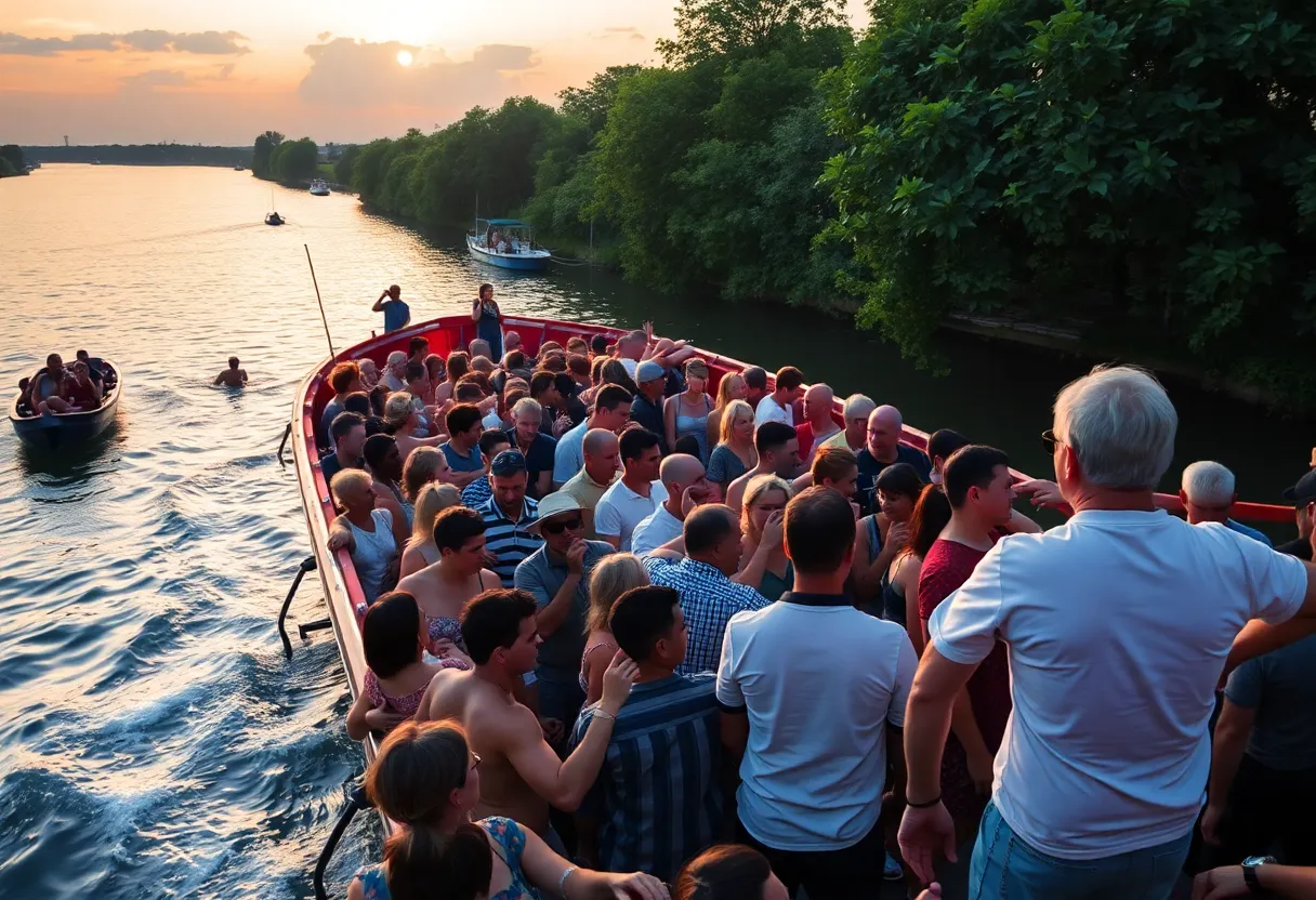Crowded boat party on a waterway during sunset