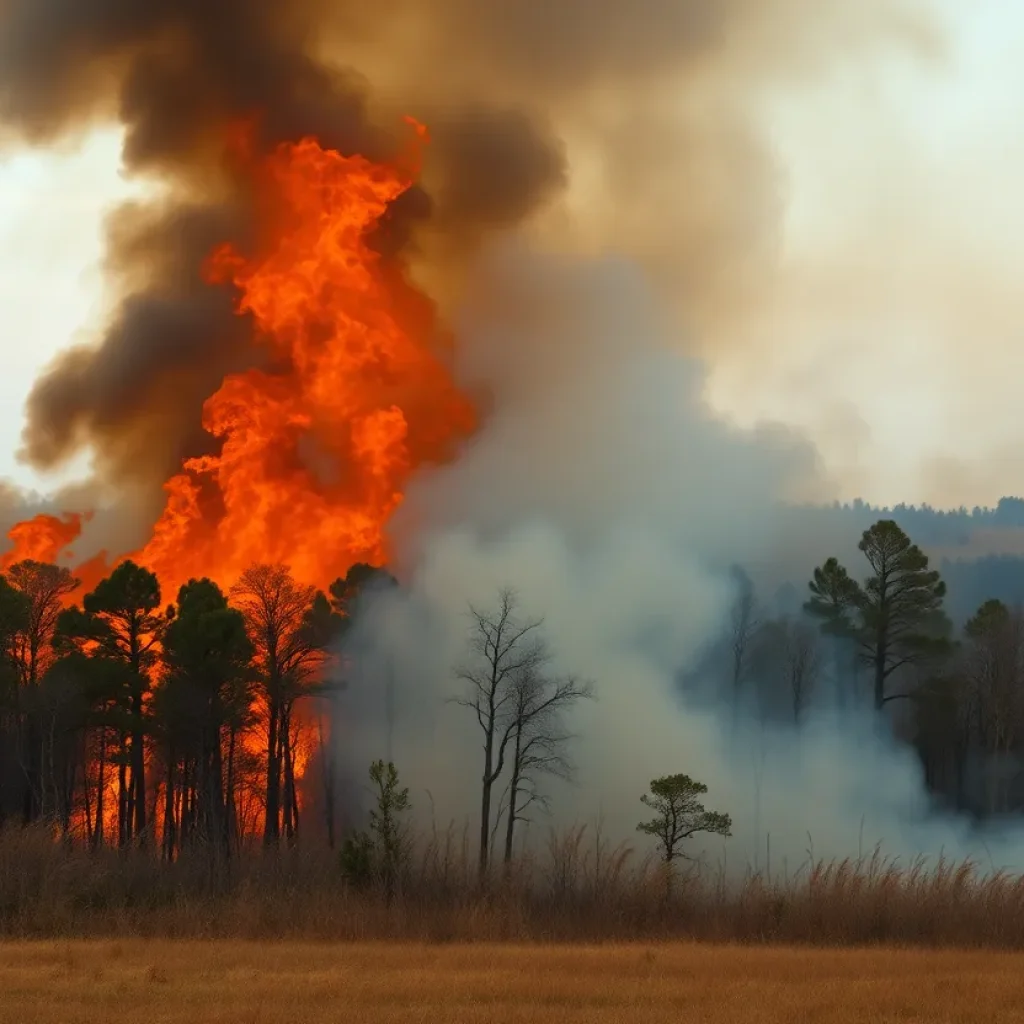 Aerial view of a wildfire in South Carolina forest