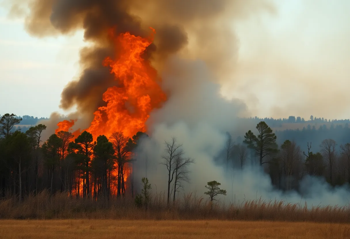 Aerial view of a wildfire in South Carolina forest