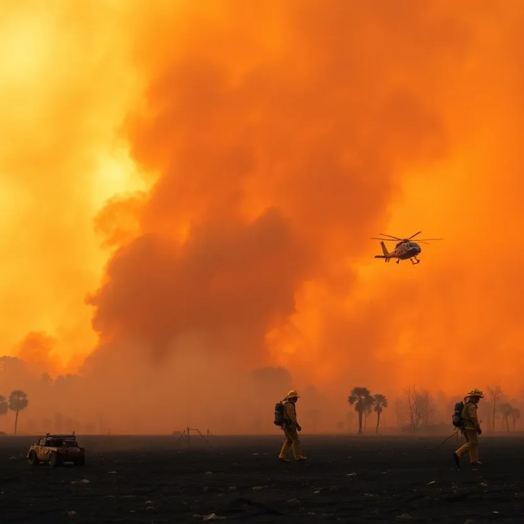 Aerial view of wildfires in South Carolina with smoke billowing over trees