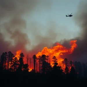 Firefighters battling wildfires in South Carolina under heavy smoke.