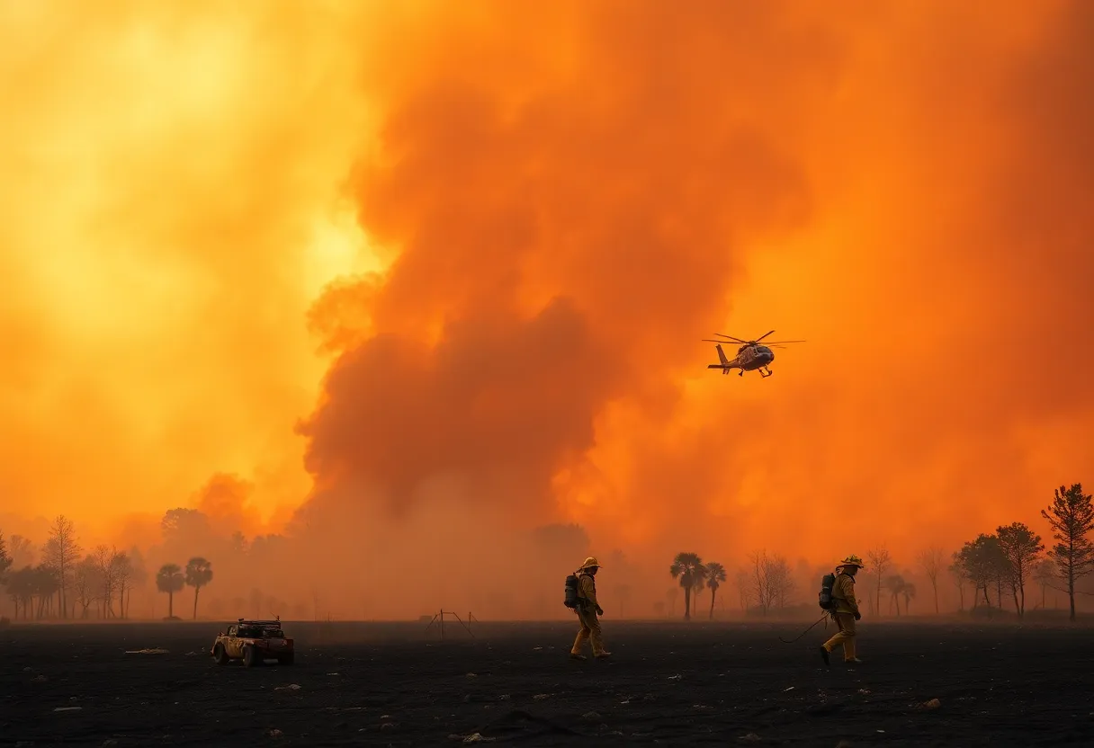 Aerial view of wildfires in South Carolina with smoke billowing over trees