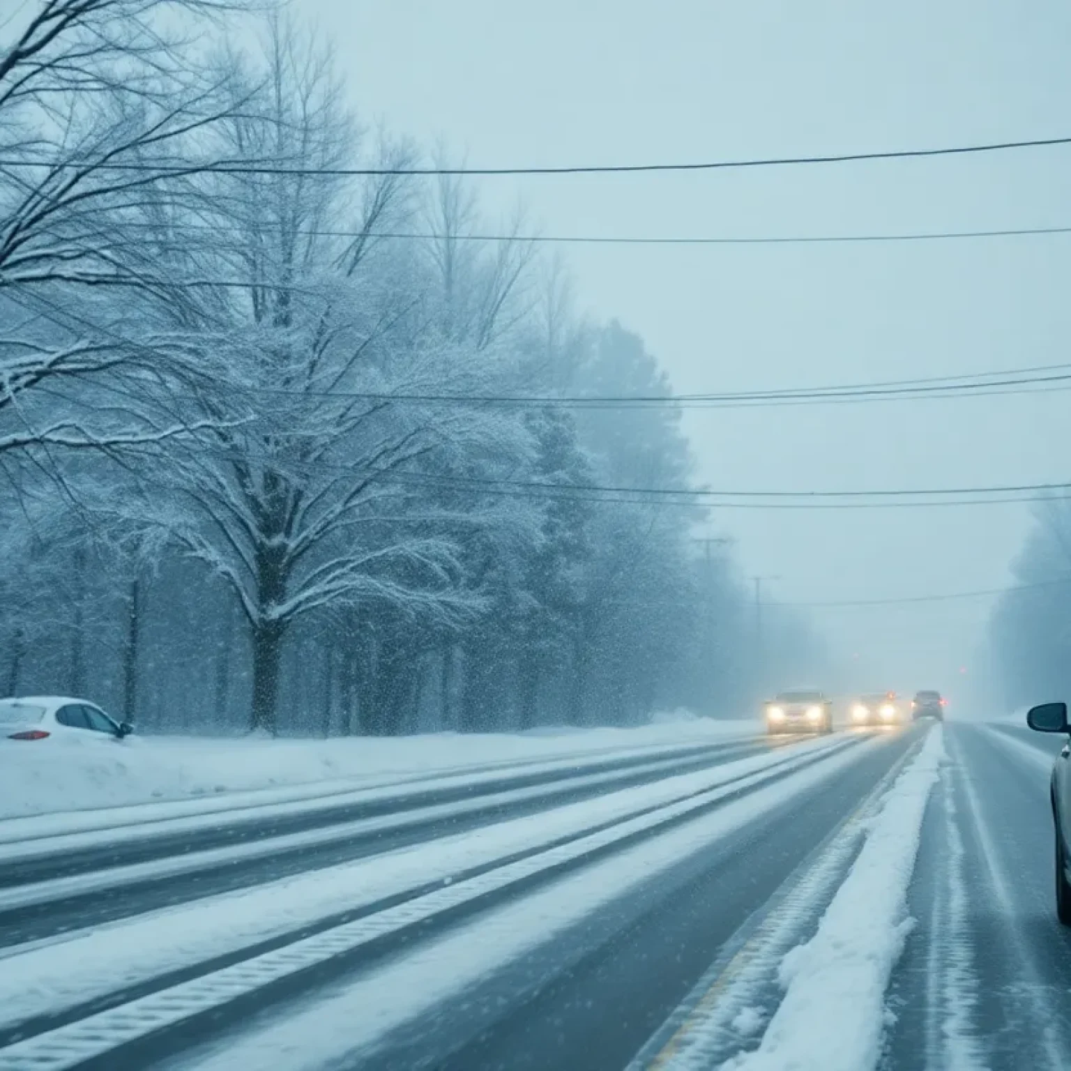 Snow-covered road in South Carolina during winter storm