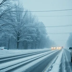 Snow-covered road in South Carolina during winter storm